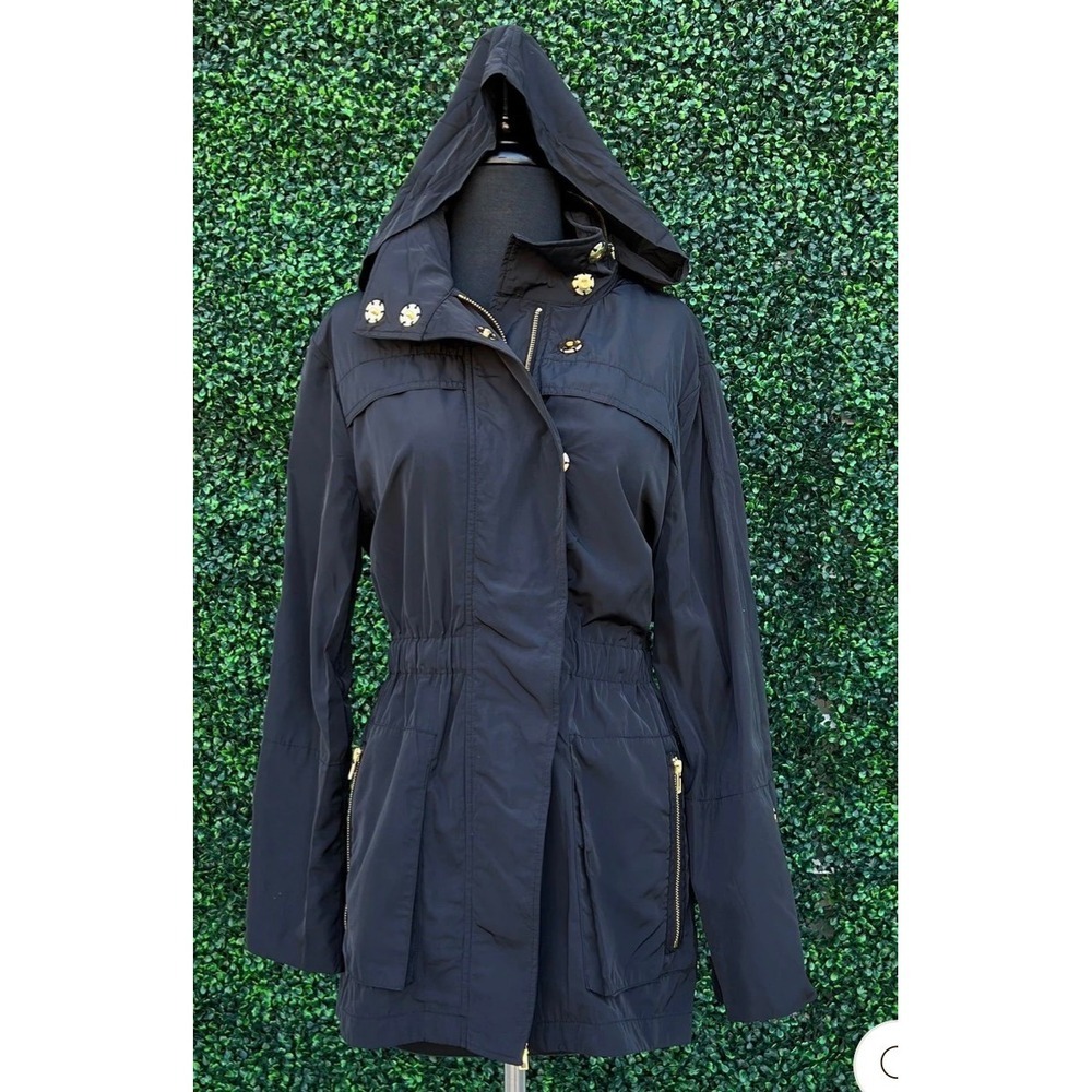 Alfani Black Nylon Anorak Utility Jacket Gold Hardware Packable Hood Size M